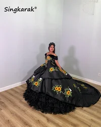 Luxury Black Vestidos De 15 Quinceañera Sunflowers Embroidery Beads Quinceanera Dress Off Shoulder Sweet 16 Gowns Ball Gown