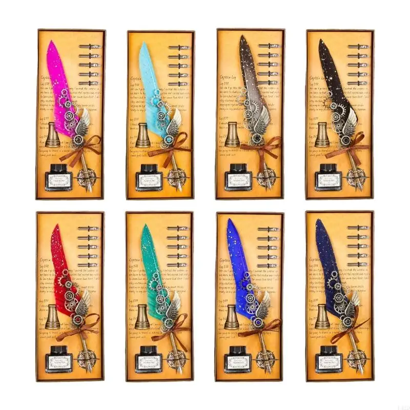 

F42D Antique Quill Pen Retro Engraved Dip Pen Gift Set with 5 Interchangeable Nibs And Inkwell For Beginner Collector
