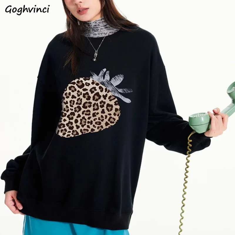 Sweatshirts Women Korean Fashion Retro All-match Ins Autumn Young Daily Classic Prevalent Leopard Printed Design Casual Mujer