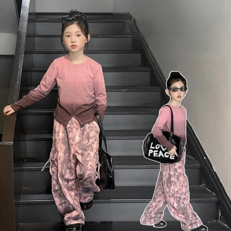 

2025 Autumn New Style Girls Gradient Long-Sleeved Top+Leopard Print Cargo Wide Leg Pants Set Junior Kid Suit Teen Child Outfits