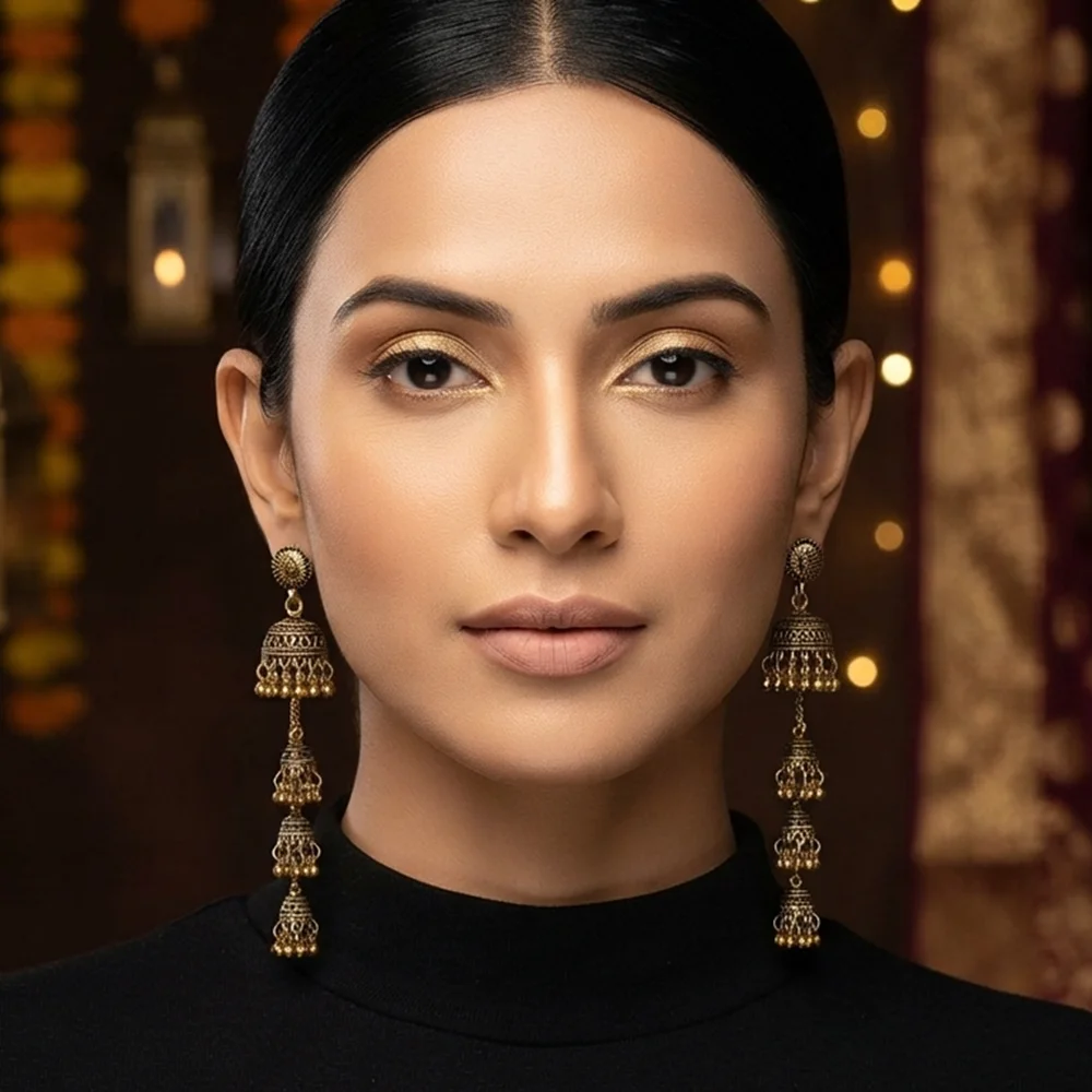 Indian Ethnic 4 Layer Long Jhumka Earrings Vintage Bell Chain Tassel Dangle Earrings Boho Tribal Women Festival Accessories