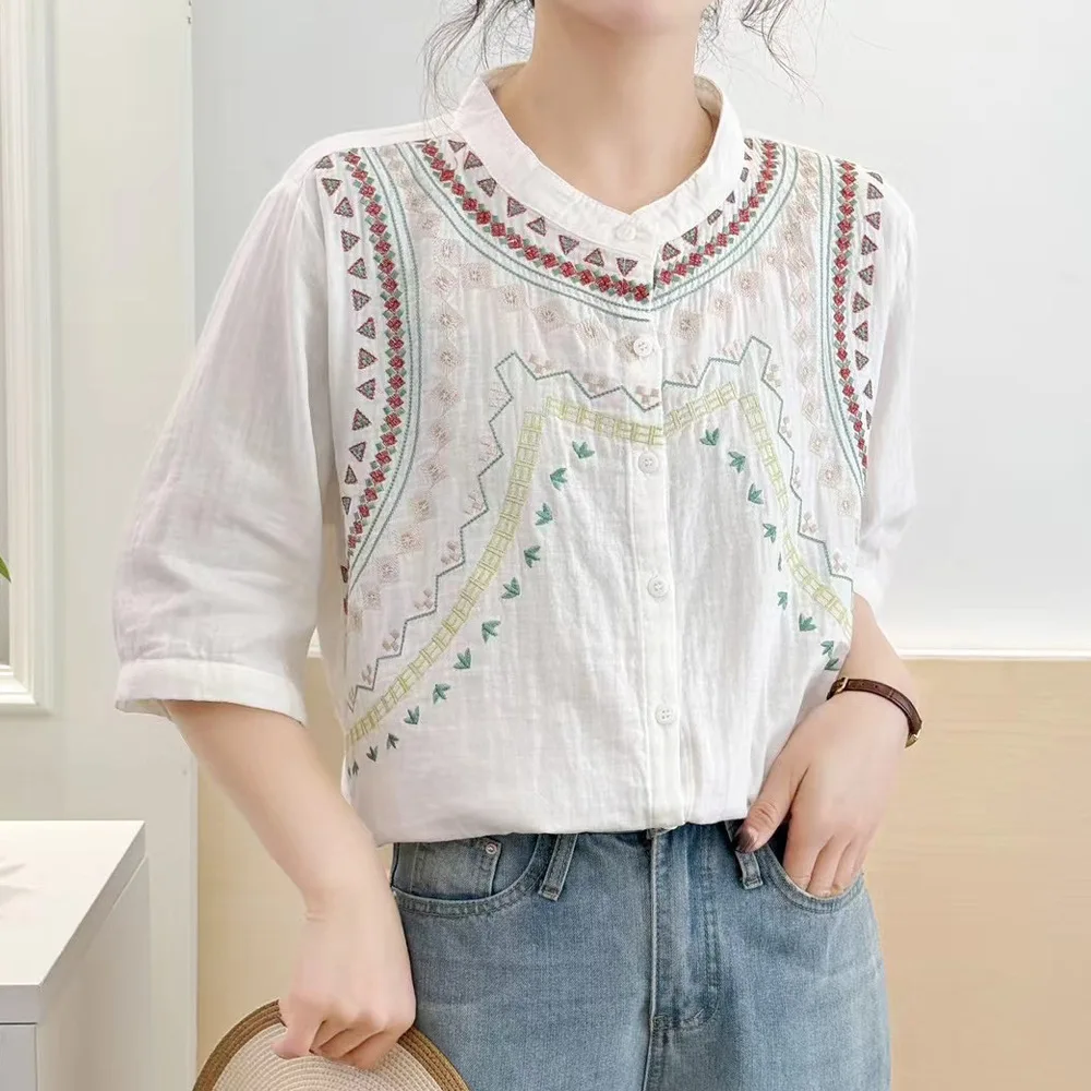 Novo 2025 verão algodão fio meia manga camisa, feminino o pescoço bordado retalhos, mori menina doce commute blusa solta t55216cc