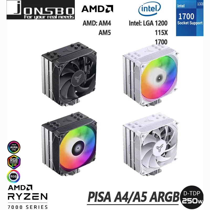 

JONSBO PISA A4/A5 ARGB CPU Air Cooling Radiator 4/5 heat pipe Low Noise 12cm Cooler Mute Fan For Intel LGA1700/1200/115X AM4 AM5