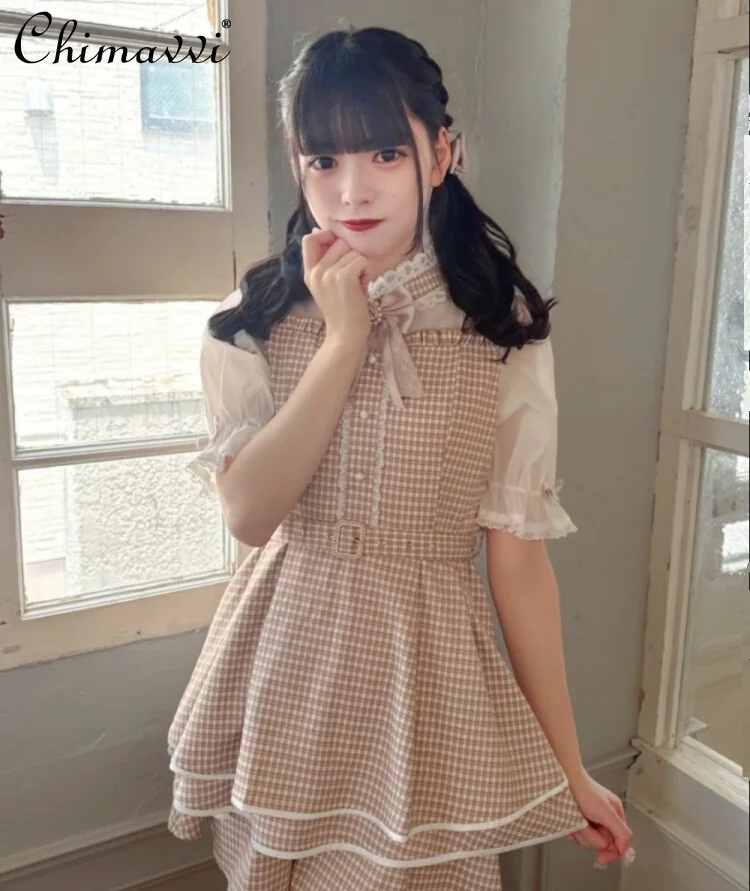 

College Style Sweet Girls Short Sleeve Stand Collar Top Tight Waist Heavy Industry Dress Shorts Two Piece Sets Lolita Outfits