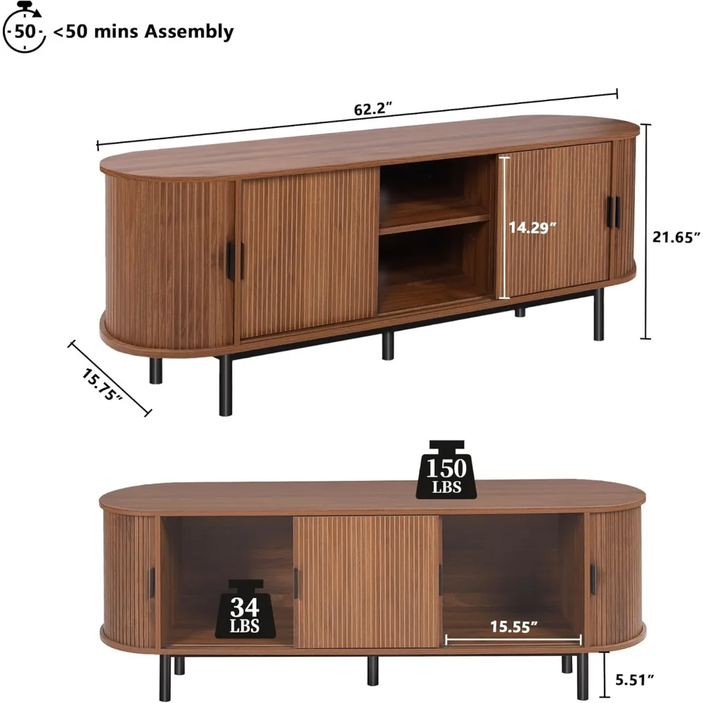 ミッドセンチュリーモダン 63インチ テレビスタンド（65～70インチテレビ対応）、スライドドア付きフルーテッドデザイン、曲線型ゲーミング＆エンターテイメントセンター