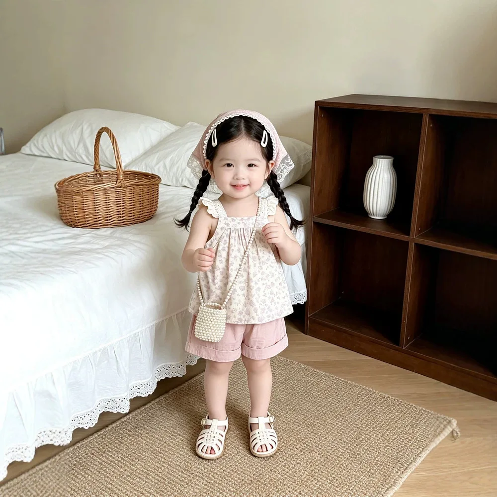 Baby Girl Vibrant Floral Camisole Set Girls Summer Soft Breathable Lace Trim Outdoor Casual Two Piece Set