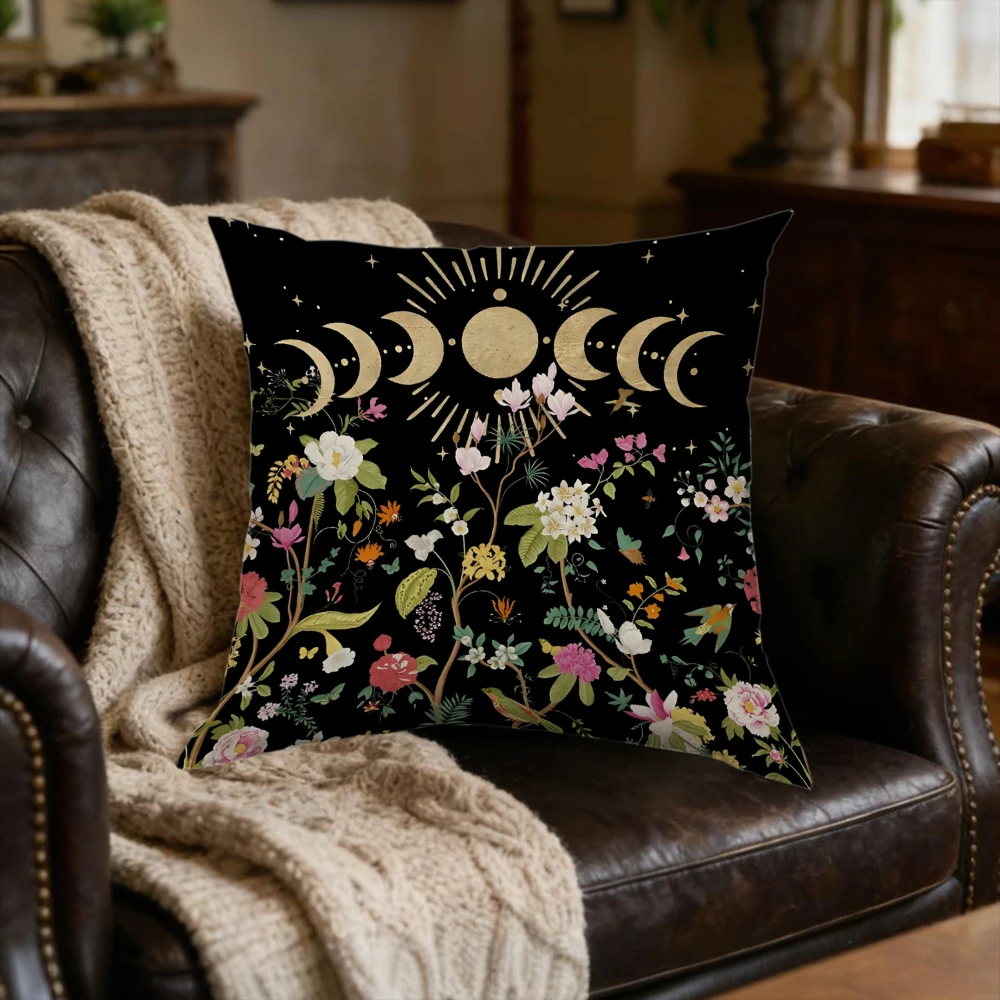 1Pc Bohemian Black Moon Phase Floral Print Cushion Cover Soft Breathable Fabric for Sofa Bed Home Decor