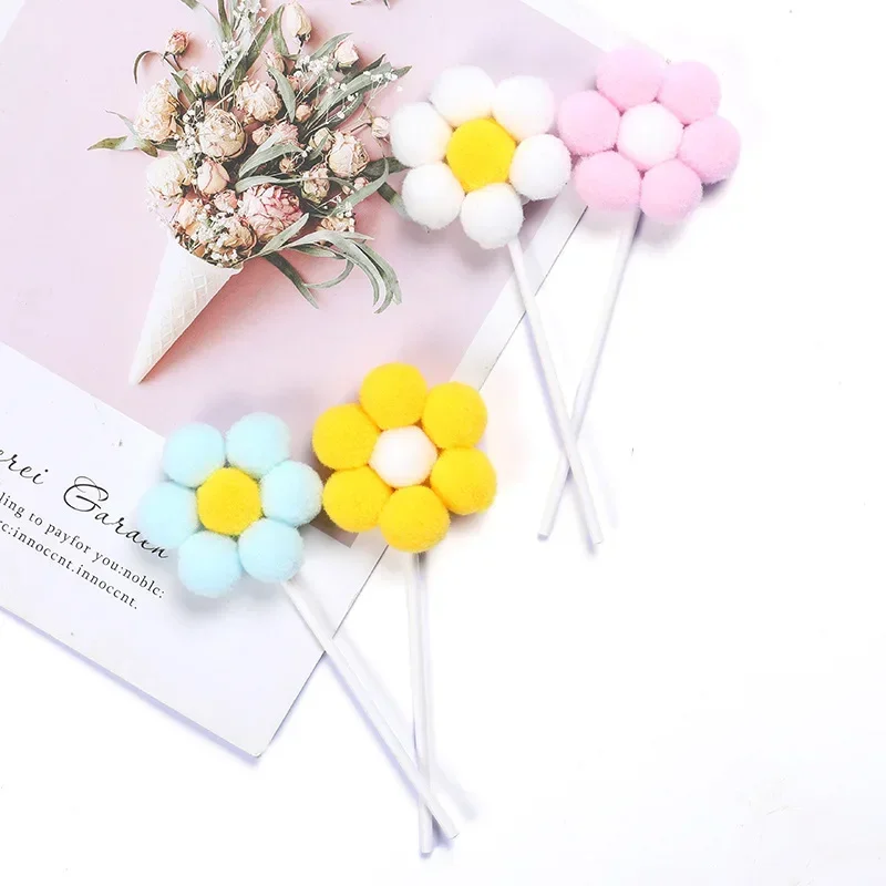 4pcs Colored Flowers Happy Birthday Cake Topper with wedding Cupcakes Dessert Decoration Baby Shower Hairball Baking Supplies