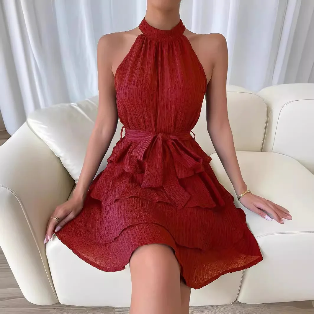 

Women's Lace Up Waist Spliced Sleeveless Ruffle Edge Dress Sexy And Fashion Hanging Neck Off Shoulder Casual Short Dress Women