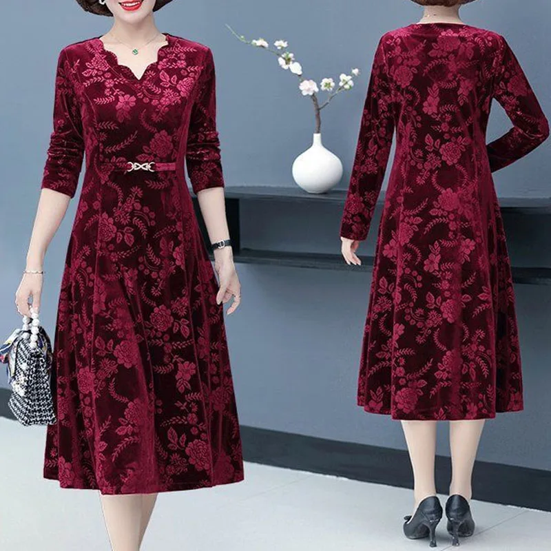 Women\'s Vintage Elegant Embossing V-Neck Dress 2023 Autumn New Female Clothing Long Sleeve Simple Solid Color Slim Midi Dresses