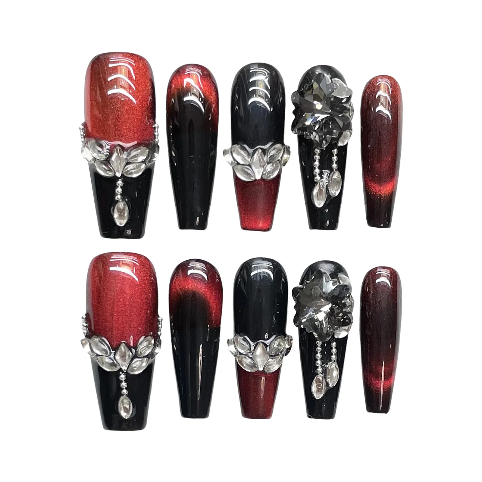 Easy-Apply Press On Nails Gothic Dark Red Cat Eye Zircon Tips for Party Retro Aesthetic Luxury Fake Nails Durable