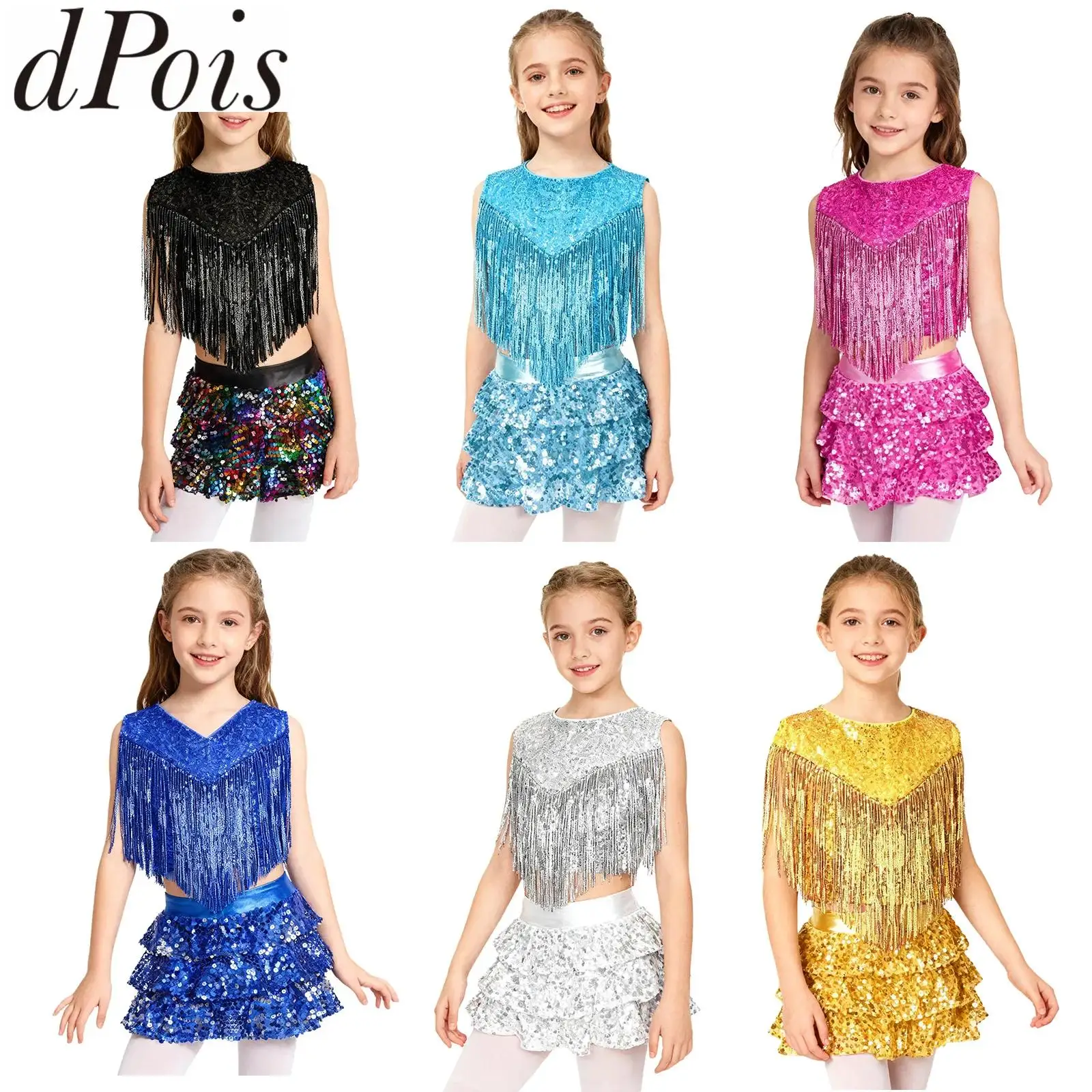 Kids Girls Metallic Shiny Cheerleading Dance Costumes Sequins Sleeveless Tassels Top with Tiered Ruffle Skirted Shorts Culottes
