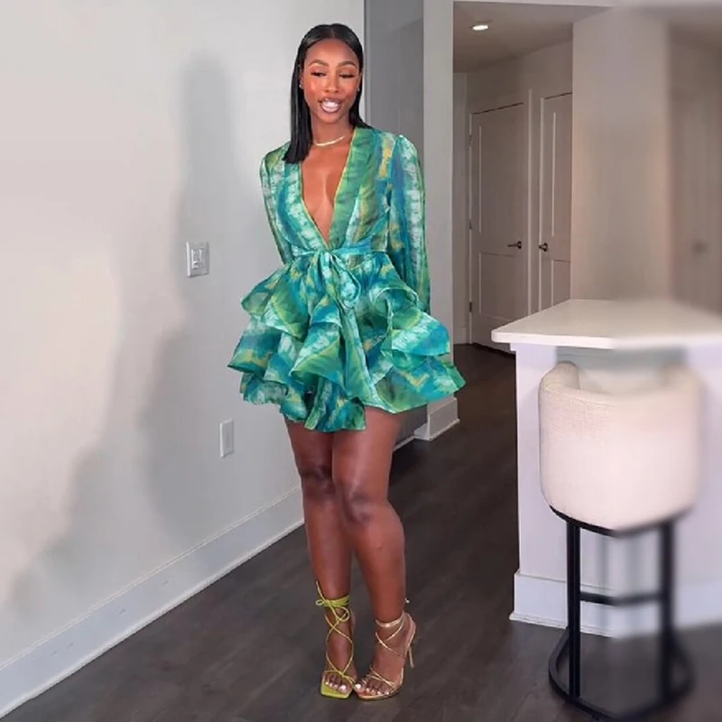 Sexy Deep V Neck Print Chiffon Mini Dress Elegant Long Sleeve Belted Tiered Ruffle Gown Lady Summer Party Beach Holiday Outfit