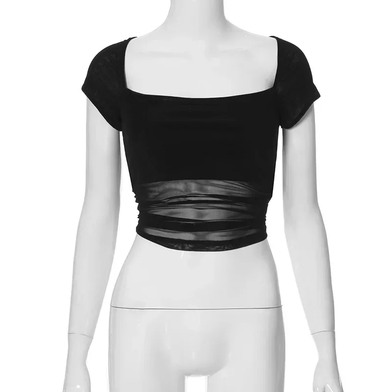Women Sexy Black Mesh T-shirts Temperament Slim All-match Vintage Hotsweet Summer Chic Square Collar Fashion Streetwear Gothic