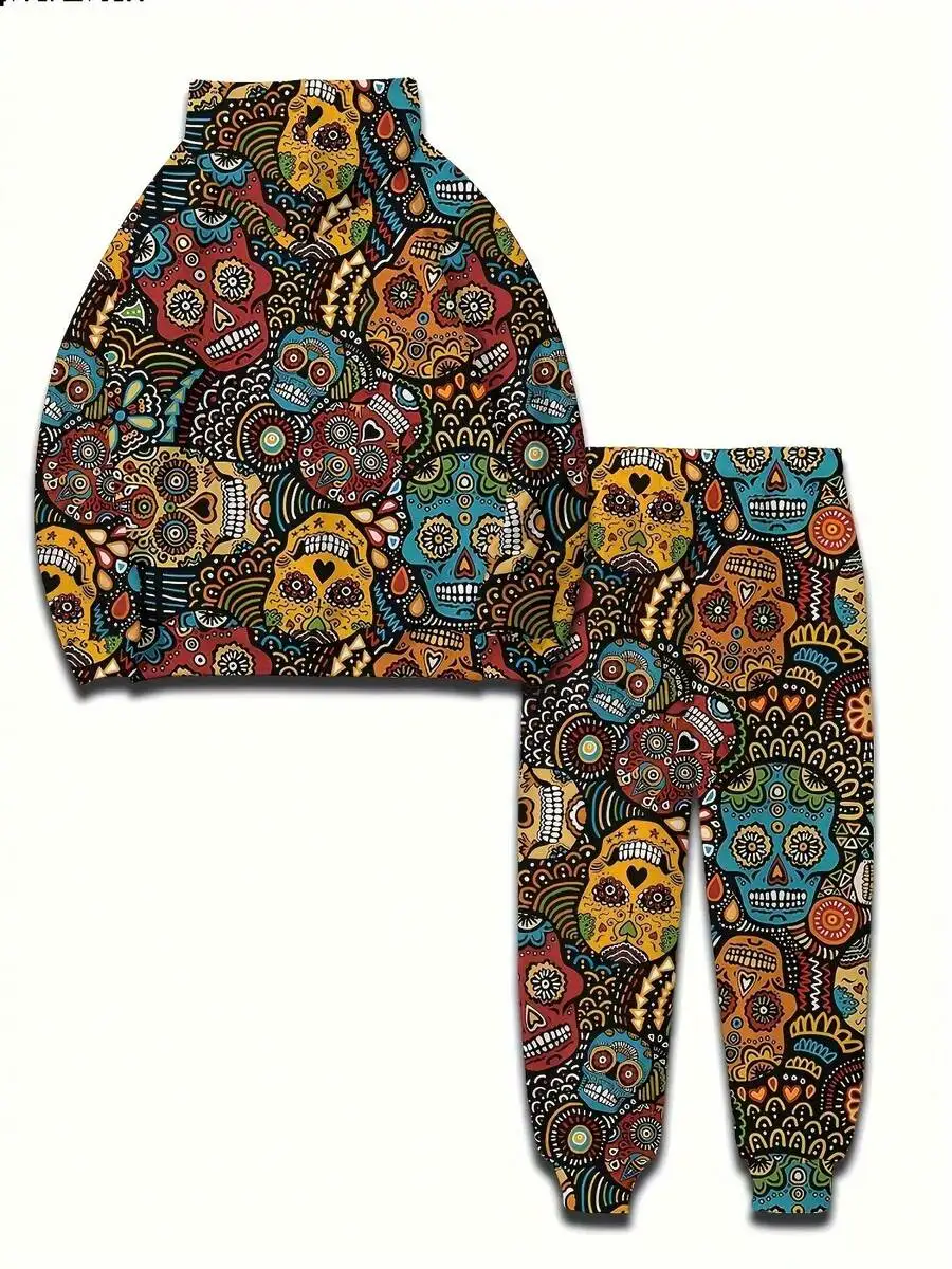 

Mens Bold Sugar Skull All-Over Print Hooded Sweatshirt And Joggers Set, Relaxed Fit Comfortable Sportswear Ensemble