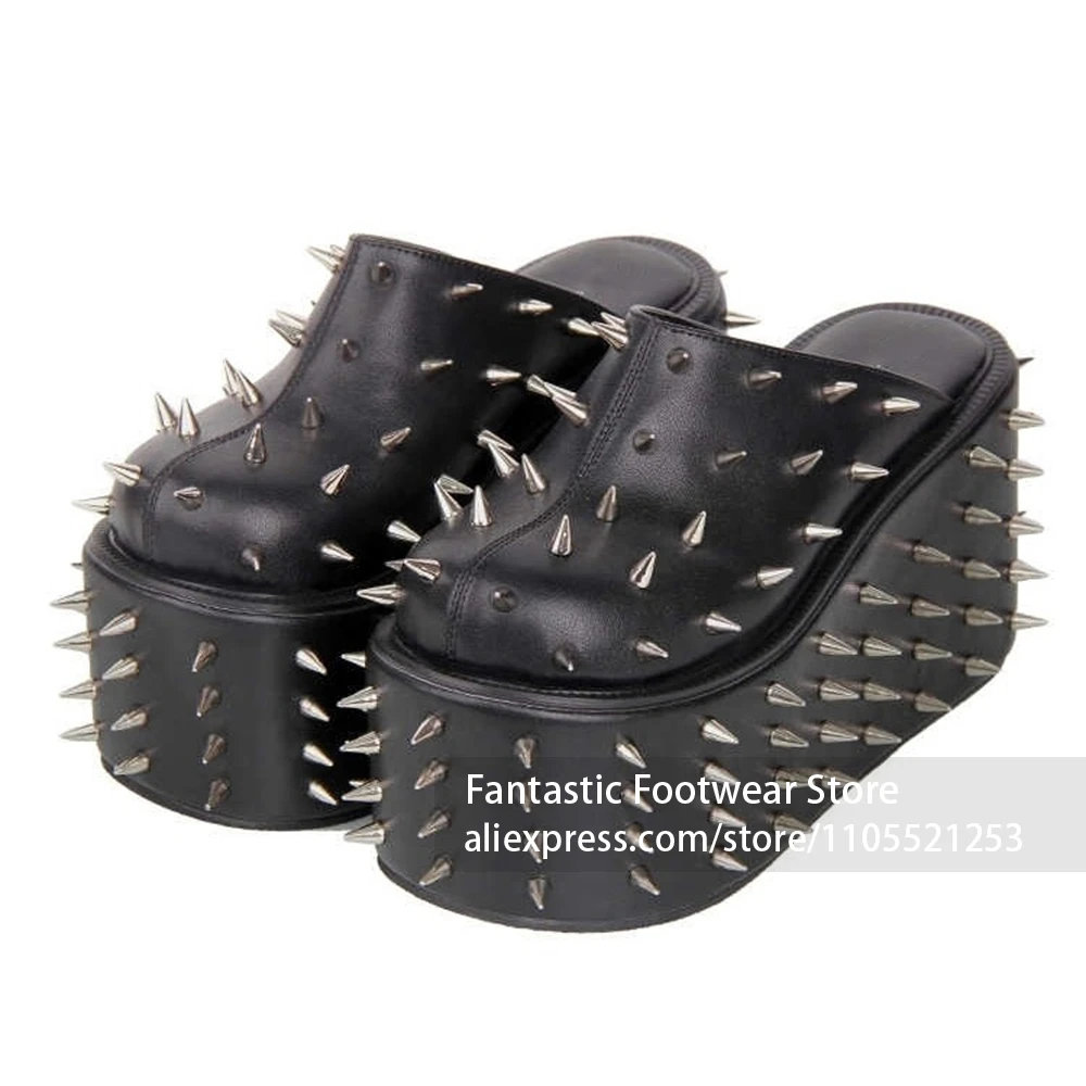 Gothic Punk Full Metal Spike Rivet Platform Wedge Mules Closed Toe Slip On Royal Blue Chunky Sole Alt Fashion Sandals for Women