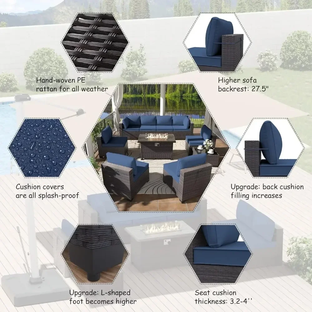 13-Piece Patio Furniture Set with 2 Swivel Chairs Gas Fire Pit Patio Conversation Set with 10 Cushions Outdoor Furniture