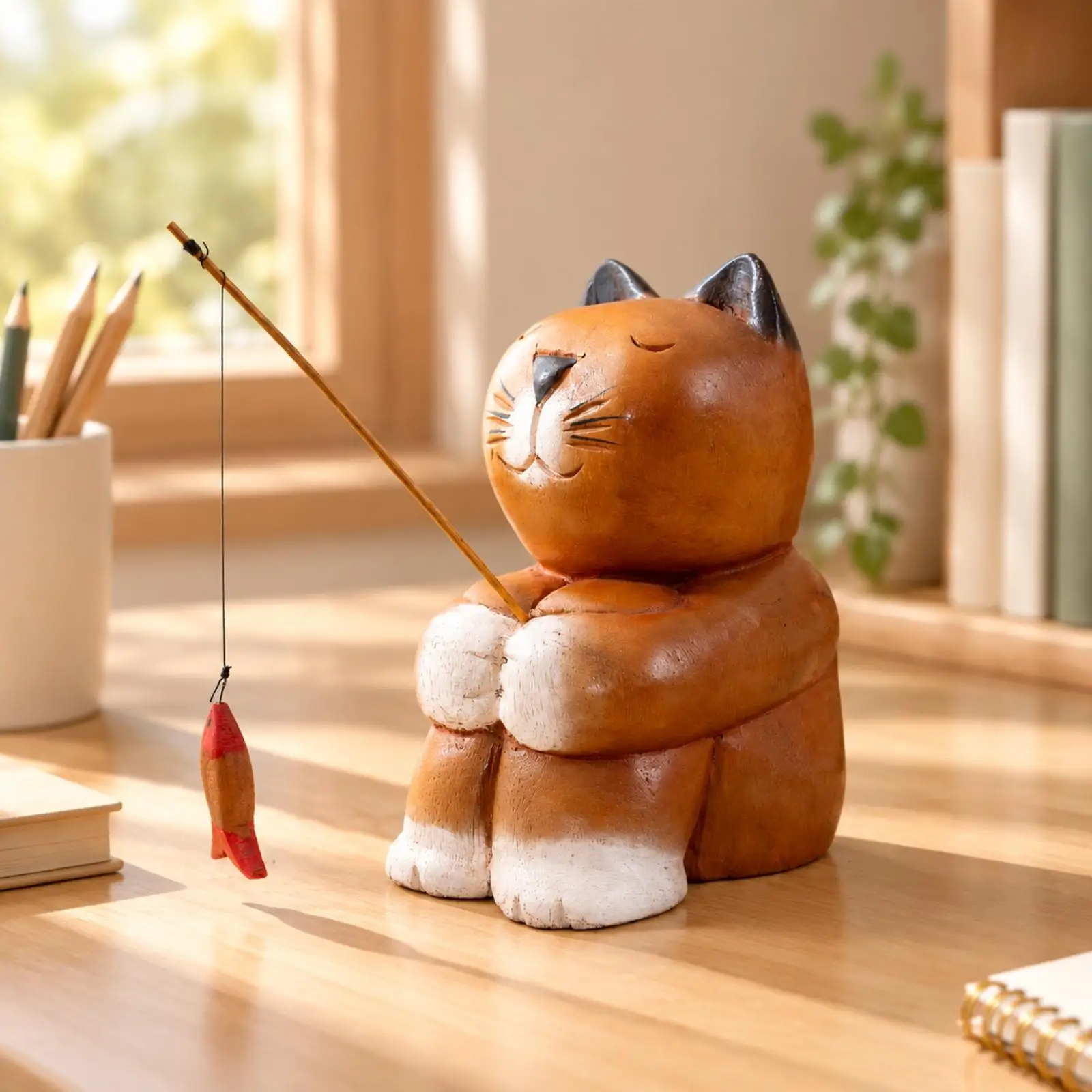 Wooden Cat Statue Fishing Lure Ornament for Desk Decor Adorable Cat Sculpture for Room