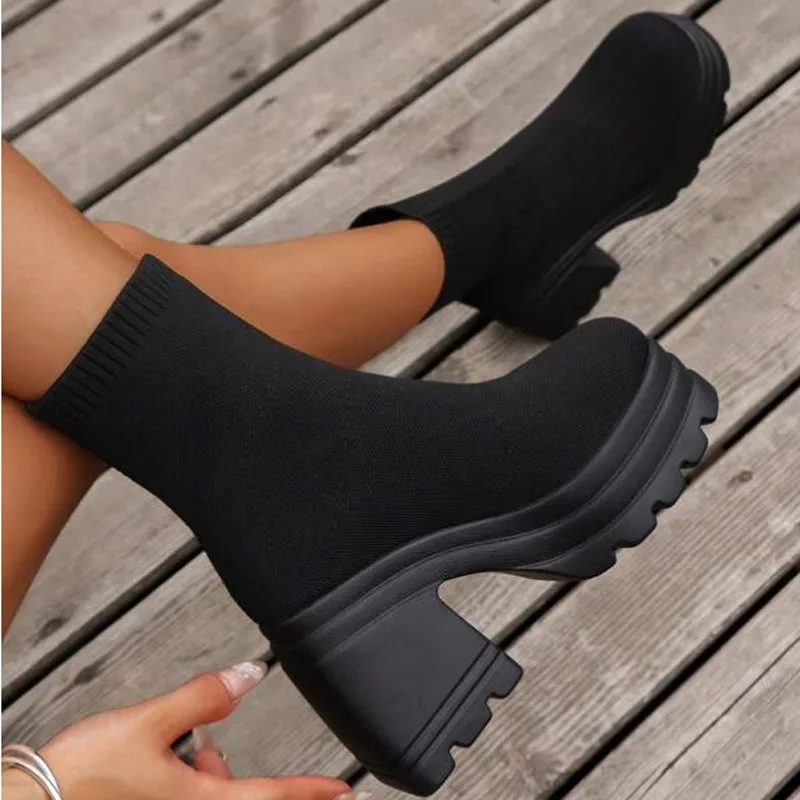 Comemore Women Boots Platform Black Casual Shoes for Women Spring Autumn Chunky High Heels Fashion Girls Short Sock Botines