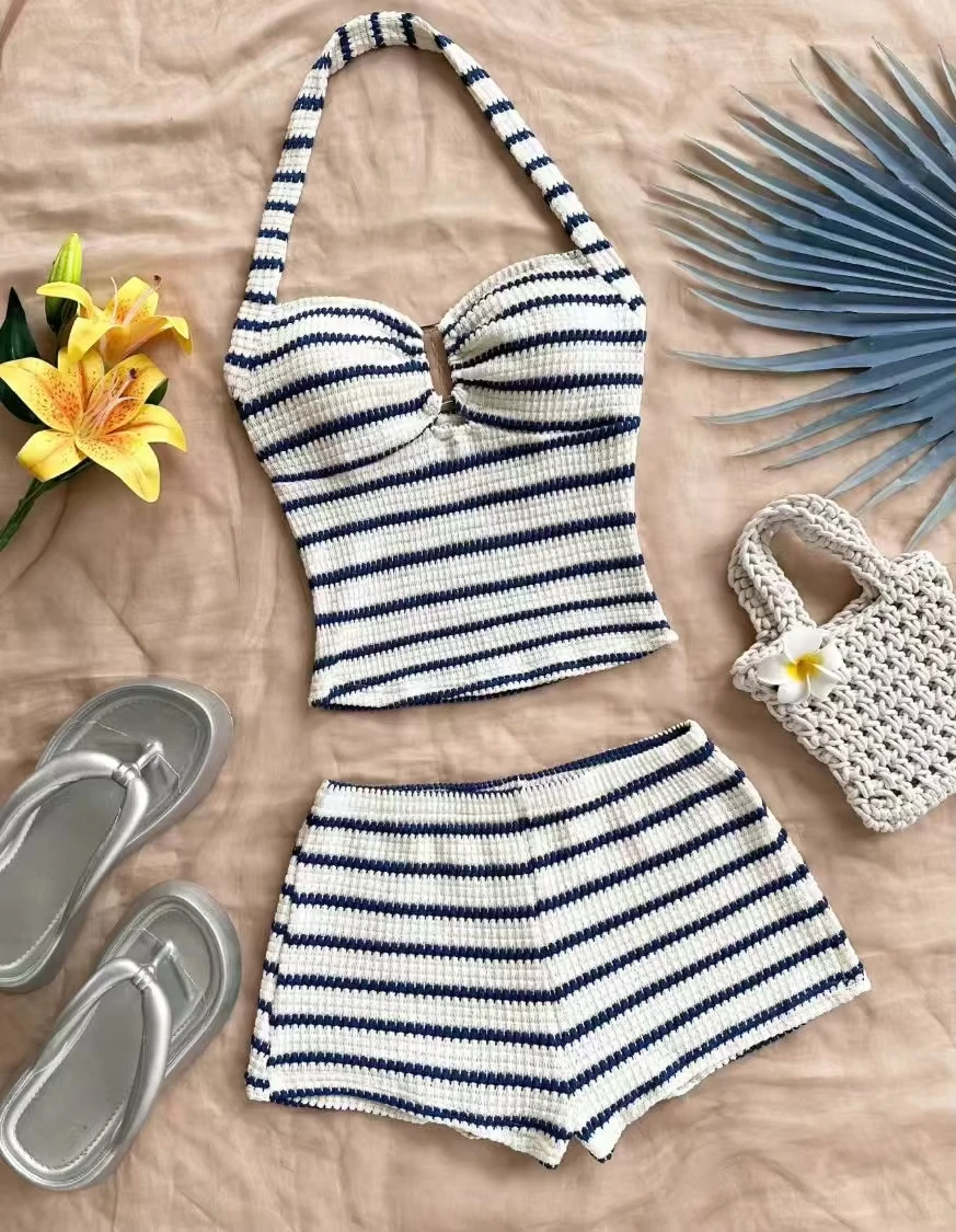 Summer striped halter-neck waffle knit suit - a sexy beach outfit for vacation girls.