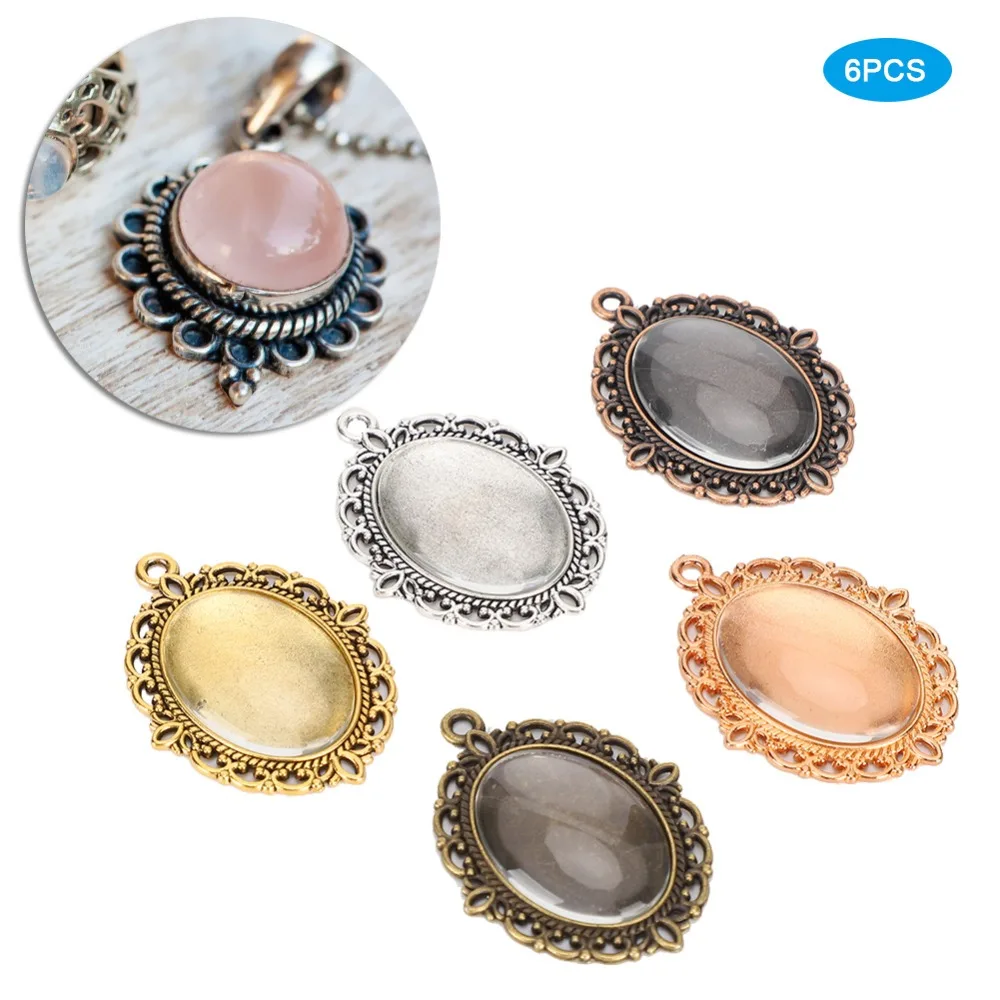 

60Pcs Easy To Use Metal + Glass Pendant Trays 3.5 X 3cm Multiple Colors Cabochon Settings Jewelry Making Bases Craft DIY