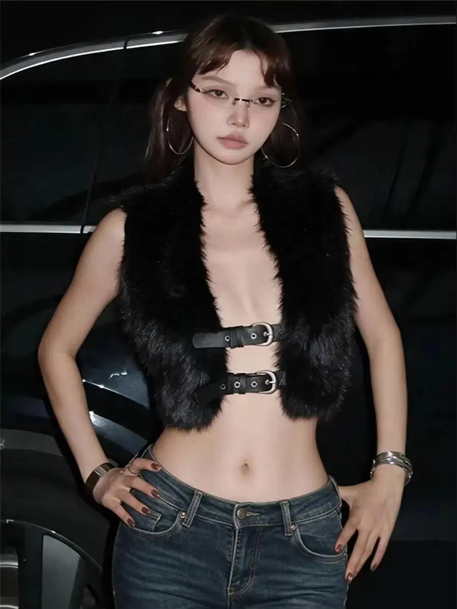 Weird Puss Sexy Furs Tanktop Damen Herbstmode Metallschnallengürtel Rückenfreies Neckholder-Top Y2K Trend Midnight Street Club Weste – Detail 11
