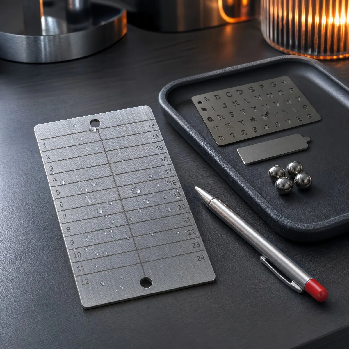 A set of stainless steel bag accessories suitable for Bitcoin cryptocurrency password storage, compatible with all BIP39 standar
