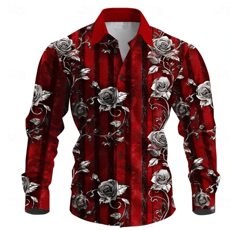 Men's Casual Shirt Rose Splashed Ink 3D Printed Shirt Outdoor Street Long Sleeved Printed Clothing Fashionable Street Clothing