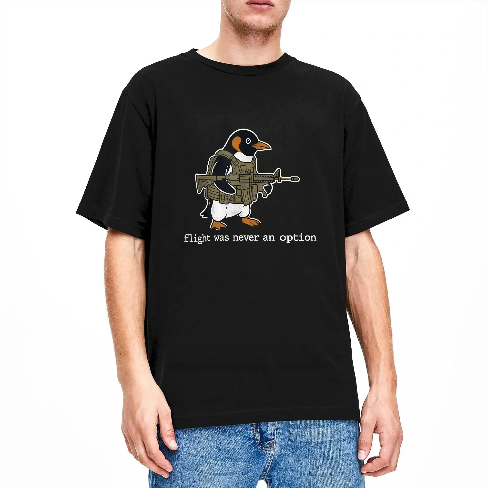Men's Flight was Never an Option Funny Penguin Meme T Shirts  Pure Cotton Clothes Summer Classic Short Sleeve T Shirt O-Neck