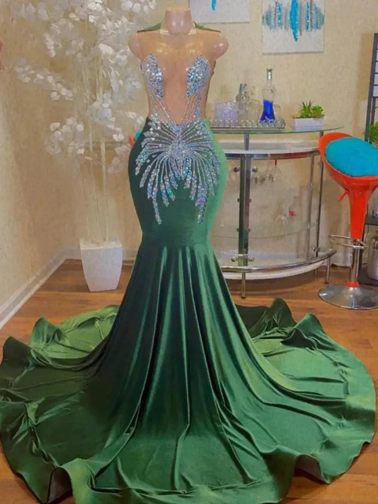 

Real Picture Green Women Evening Dresses Mermaid 2024 O-Neck Rhinestone Mermaid Long Formal Occasion Dress Party Pageant Gown