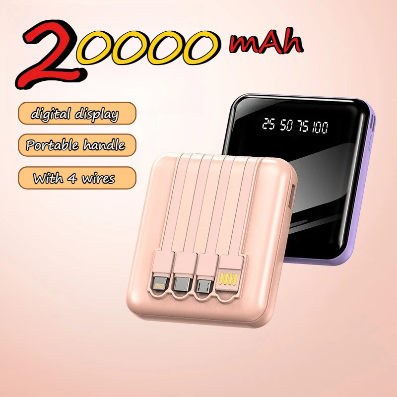 

Мини-пауэрбанк 20000 мАч, большая емкость, быстрая зарядка, портативный аккумулятор с 4 кабелями для iPhone 15, 16, Xiaomi 14, Samsung S23, Huawei
