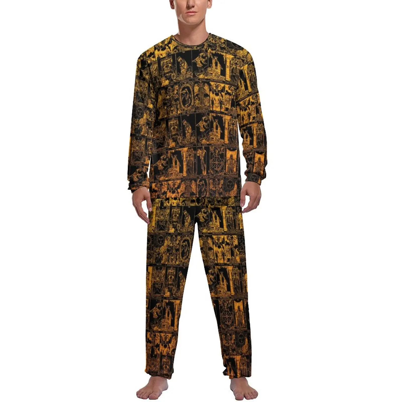 Gold And Black Tarot Print Pajamas Men Major Arcana Fashion Home Suit Autumn Long Sleeve 2 Piece Leisure Graphic Pajama Sets