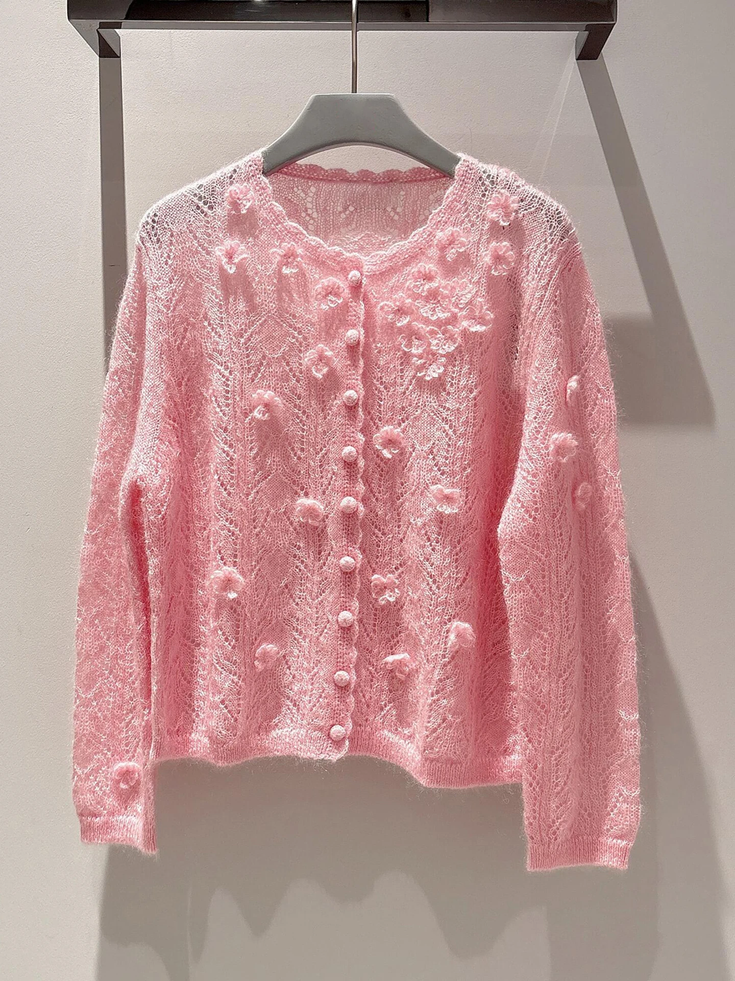 

Pink 3D Knitted Open Cardigan Top Women's Premium Spring Design Sensation Soft Medium Thickness Long Sleeve round Neck Shirt
