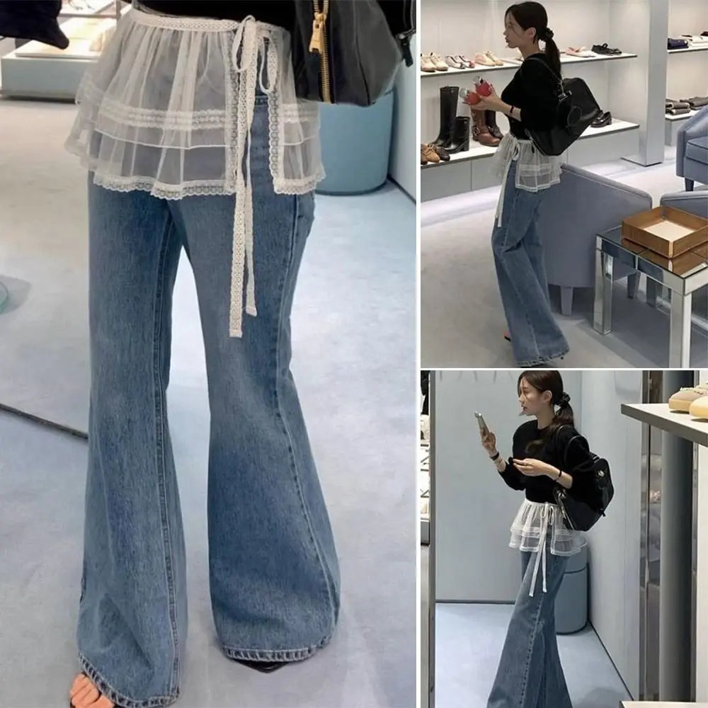 Mini jupe brodée en dentelle à fleurs, Streetwear Y2K, Harajuku, à volants, transparente, rideau de fesses, décoration en jean, nouvelle collection