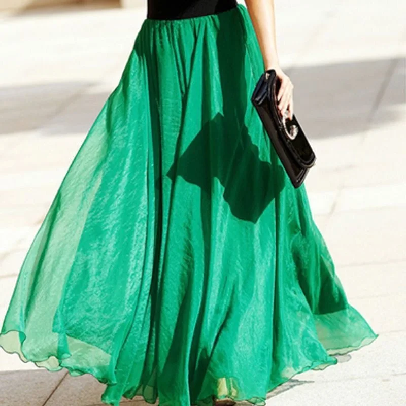 Women Skirts Summer Elastic Waist Elegant Casual All-match Seaside Holiday Skirt Bohemian Big Skirt Chiffon Beach Skirt Ladies
