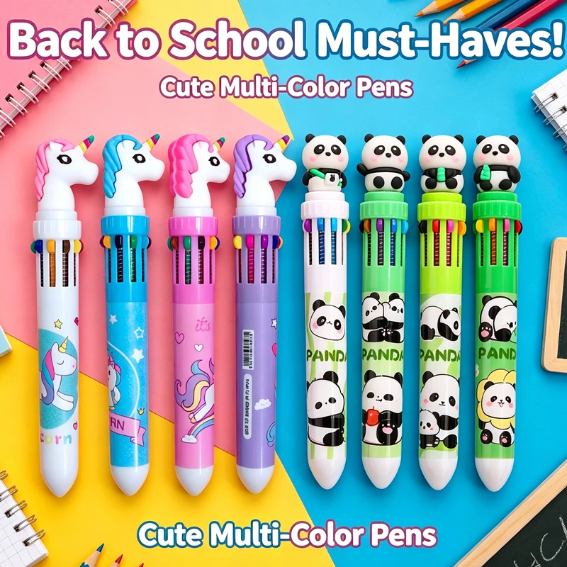 1-8 Stück 10-Farben-Kugelschreiber Kreatives Schreibwaren-Set Zehnfarbiger Kugelschreiber Cartoon-Design für Schüler Mädchenhaftes Push-Action-Kugelschreiber-Set