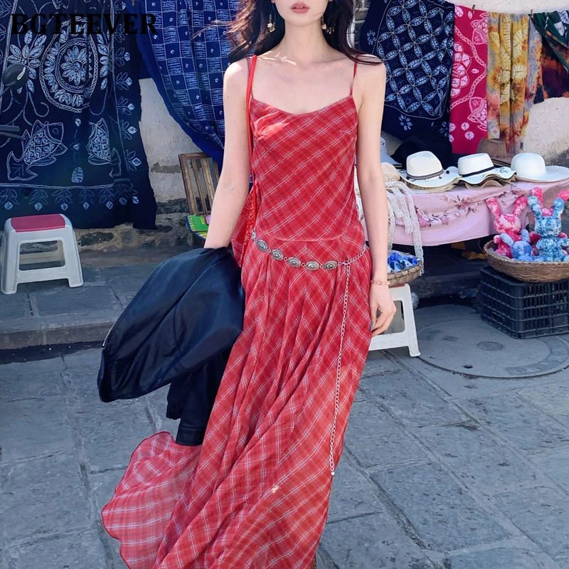 

BGTEEVER Vintage Spaghetti Strap Women Plaid Floor-Length Dress Spring Summer Casual Slim Waist Ladies Sleeveless A-line Dress