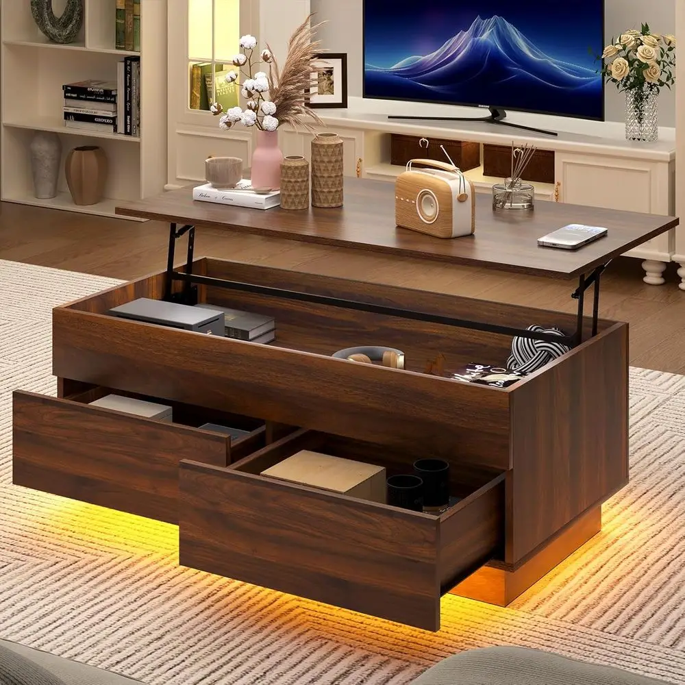 

Modern LED-lit Coffee Table with Storage, High Gloss Walnut Finish, Suitable for Living Room or as a Tea Table with Hidden Compa