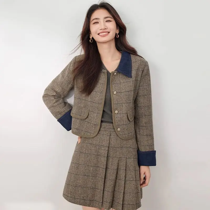 

New Arrival Women Plaid 2 Piece Skirt Set Long Sleeve Tweed Jacket with Denim Cuff High Waist Pleated Mini Skirt Preppy Outfit