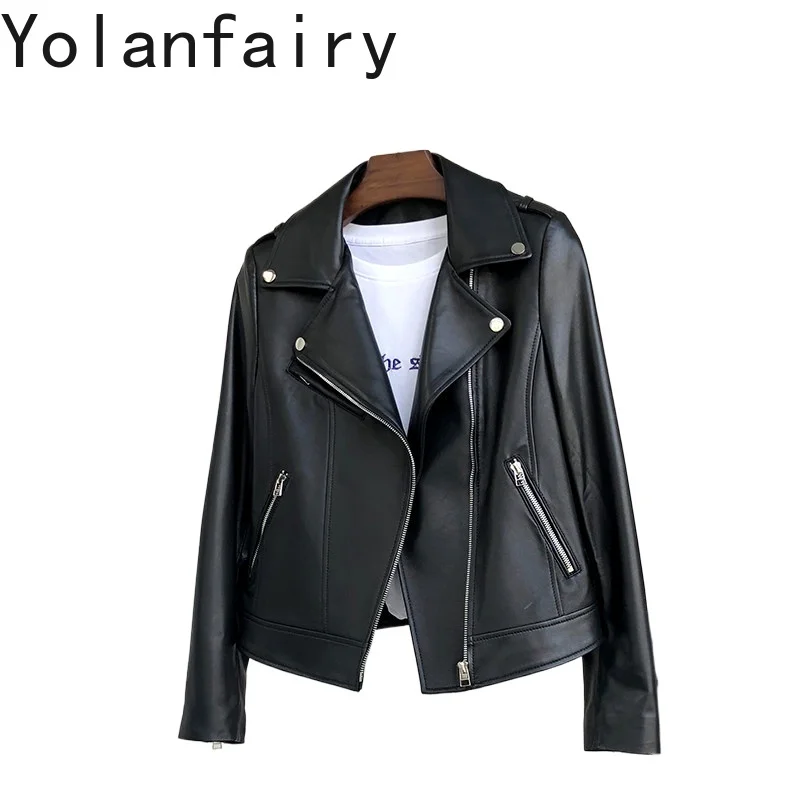 

YOLANFAIRY 100% Genuine Leather Jacket Women 2026 High Quality Real Sheepskin Coat Woman Short Motorcycle Leather Jackets New