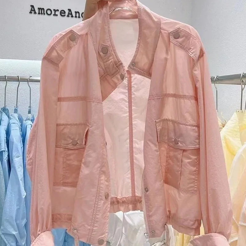 2026 여름 스탠드 칼라 포켓 자외선 차단 의류 여성 루즈핏 UV 차단 셔츠 얇은 숏 재킷