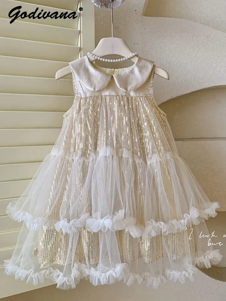 Sweet Baby Girls High-end 2026 New Summer Mesh Princess Sundress Kids Exquisite Sequin Doll Collar Tulle Ruffle Cake Formal Gown