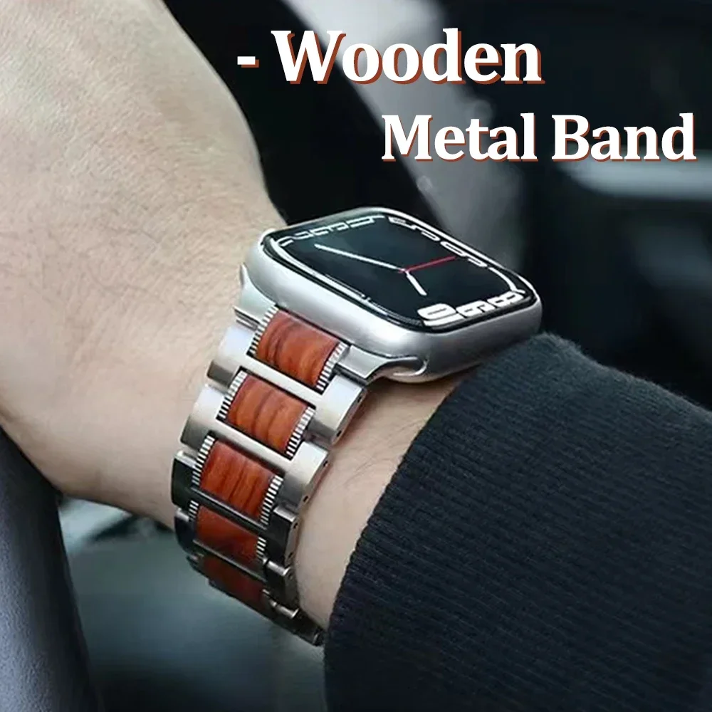 Wooden Metal Bracelet For Apple Watch Band Ultra 49mm 8 7 41 45mm 38 42 44mm 40 Wood Stainless Steel Strap For iWatch 6 543 SE