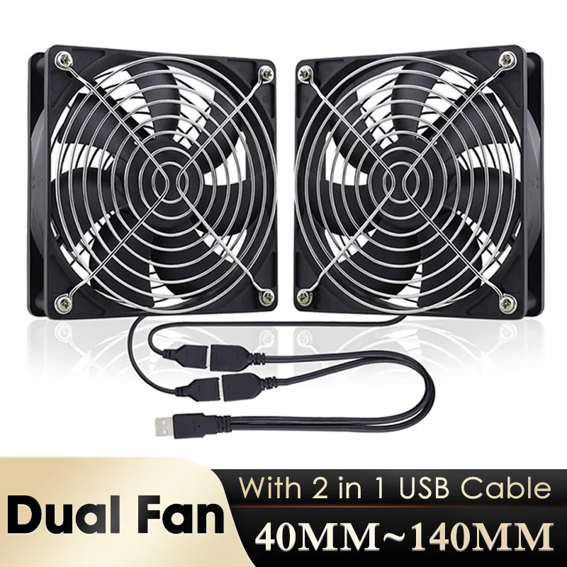 GDSTIME Dual 40mm 50mm 60mm 80mm 92mm 120mm 140mm DC 5V Aangedreven USB Fans met 2 in 1 USB Kabel voor AV Ontvanger DVR Koeling