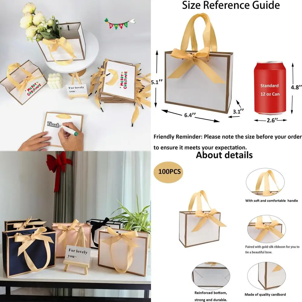 

Набор из 100 белых и золотых подарочных пакетов с бантиковыми ручками, 6,4x3,1x5,1 дюйма, идеально подходит для мероприятий и торжеств.