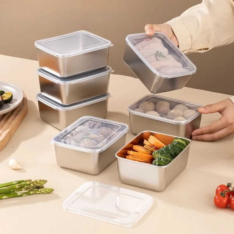3 Piece Stainless Steel Refrigerator Freezer Box with Lid, Reusable, Suitable for Travel and Work, Dishwasher Safe and Freezable