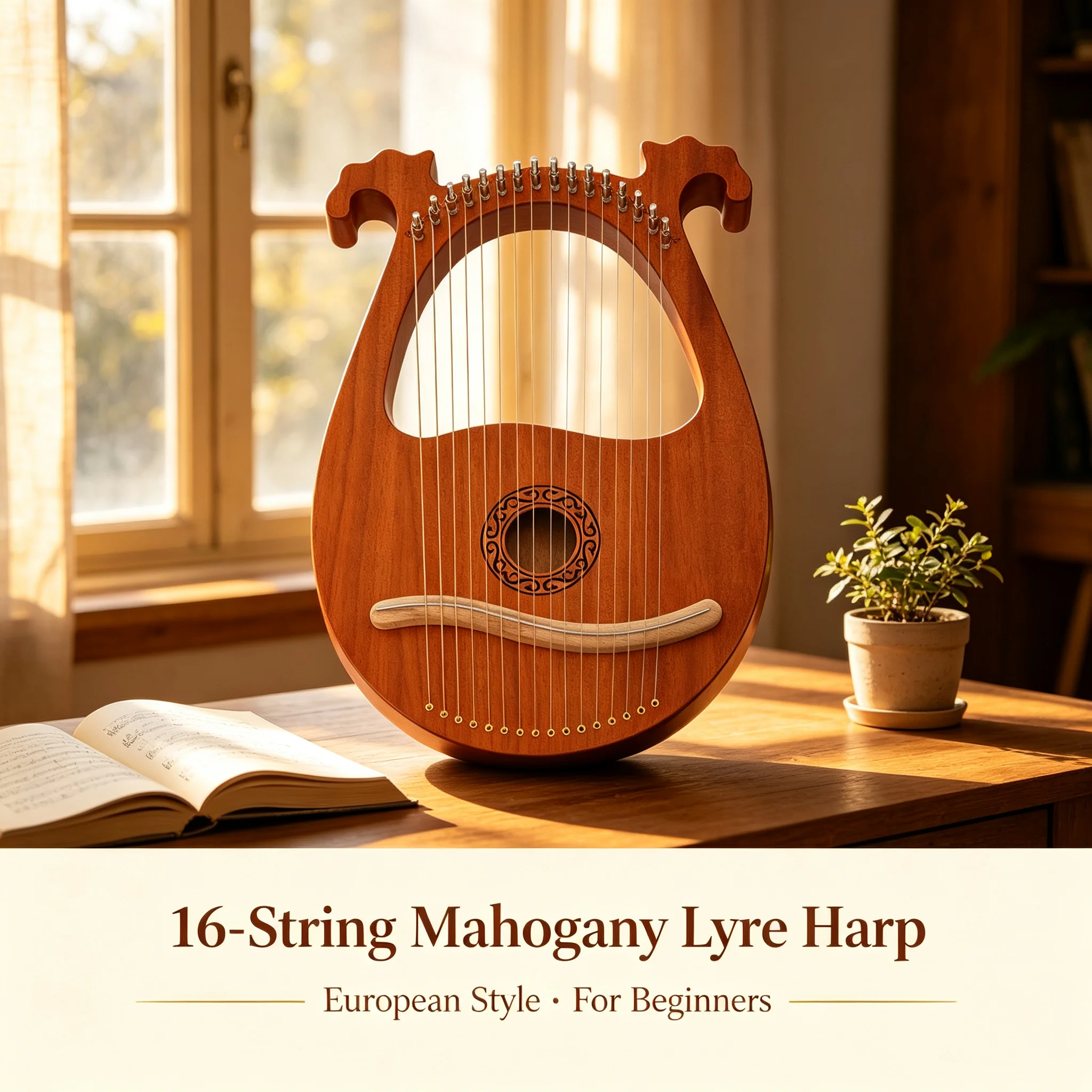 16-String Harp for Beginners, Portable Mahogany Lyre with Tuner & Plectrums, Lightweight 2.09 lbs, Elegant European Style Instrument for Music Lovers