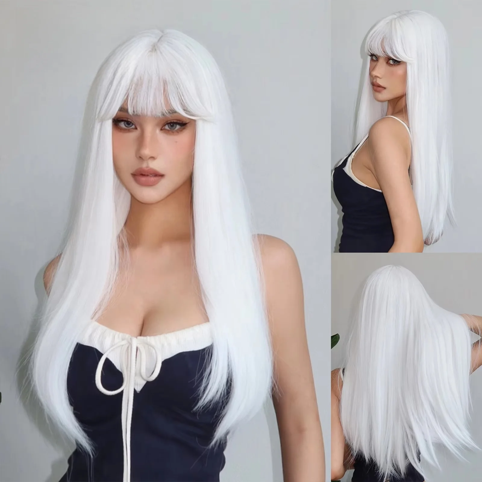 Rosa lange, glatte Kunsthaarperücke für Halloween-Partys, Cosplay-Perücke für den täglichen Gebrauch, hitzebeständiges Haar-Accessoire-Perücken-Set – Detail 6