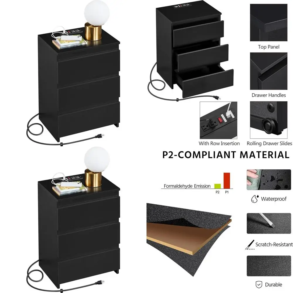

Charging Nightstand, Wooden 3-Drawer Bedside Table, Storage Cabinet with 2 USB Ports & Power Outlets for Bedroom/Home Office, Bl