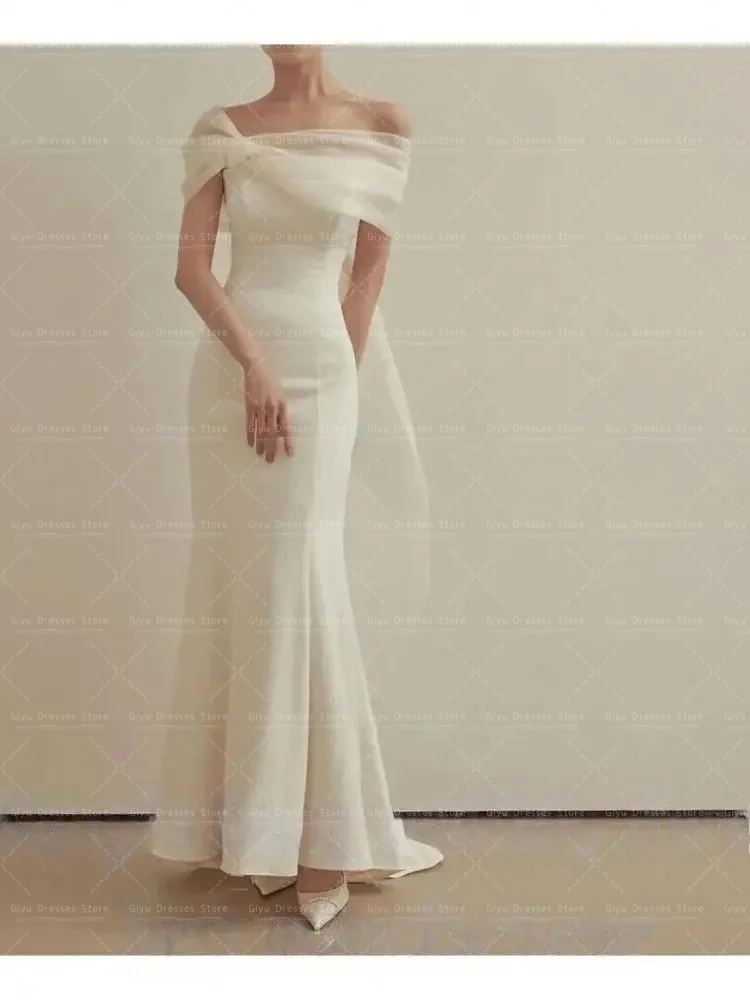 Giyu Off Shoulder Korea Ivory Mermaid Wedding Dresses 웨딩드레스 Satin Short Sleeves Customized Pretty Bride Gowns Plus Size